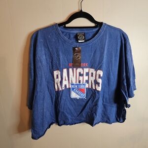 NHL New York Rangers Oversized Acid Wash Raw Hem Crop Tee In Large Extra Large